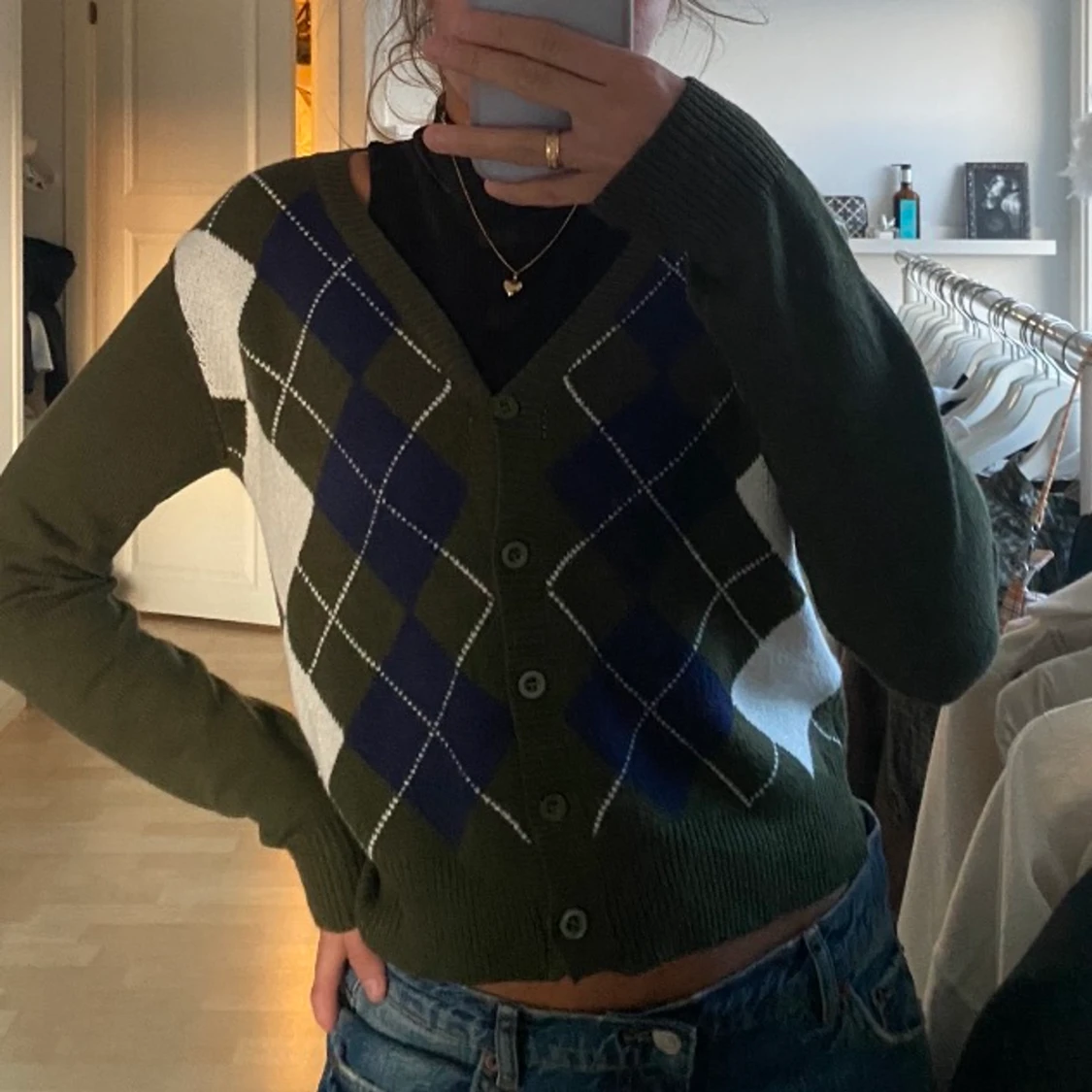 Rutig stickad kofta  - 90