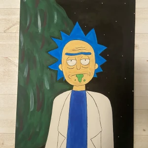 Rick tavla  - Säljer en handgjord målad canvas som är gjord med akrylfärg. Det är Rick från Rick and Morty i centrum. Den är 70x50 cm. Priset är diskuterbart
