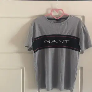 En grå t-shirt från GANT med en svart och röd rand över bröstet och GANT-logotypen i vitt. T-shirten har korta ärmar och en rund halsringning.