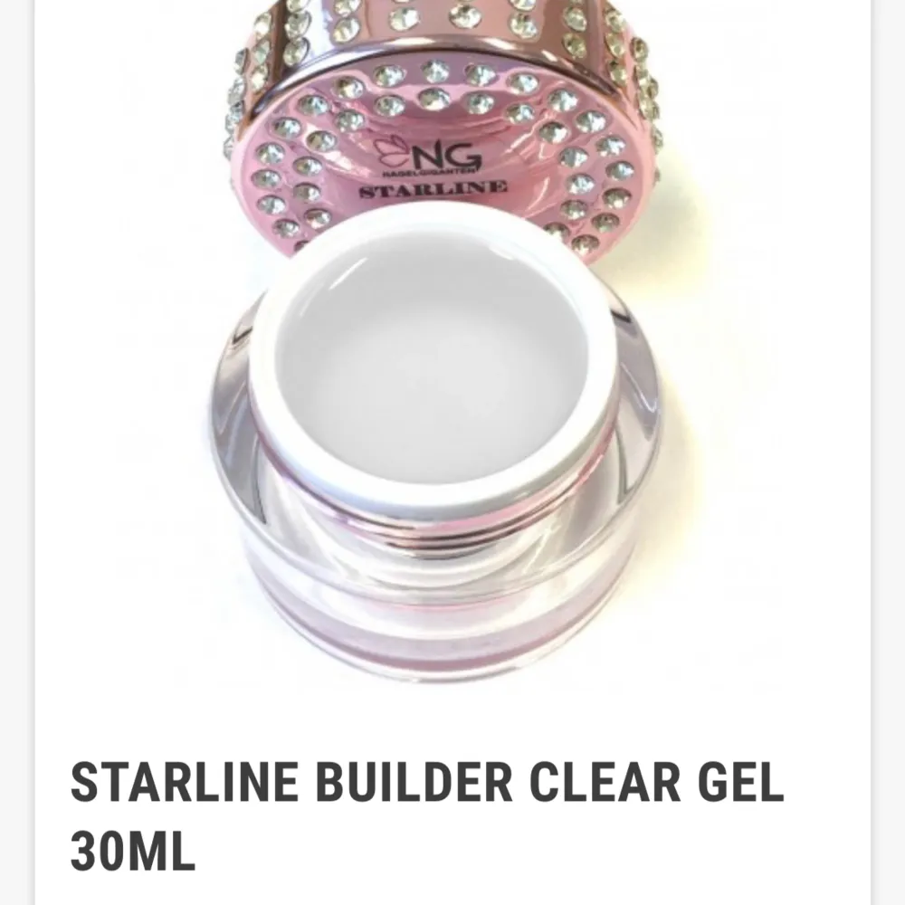 Nagelgelé från nagelgiganten. Starline babyboomer white fiber gel 30ml, enbart testad.  Starline clear gel 30ml, enbart testad.  Ng primer gel 30gr, oanvänd.  2 Ng sculpting pink gel 30gr, oanvänd.. Övrigt.