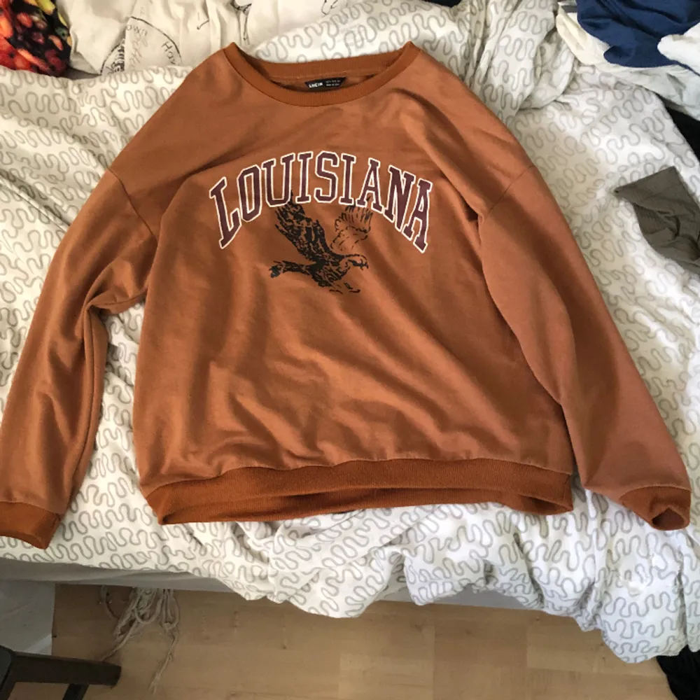 Bra skick. Ganska tunt material bra till våren/hösten. Finns en liten fläck på baksidan vid axeln men jag tvättar tröjan innan jag säljer å jag tror de går bort. Säljer pga använder inte.. Neuletakit & Villapaidat.