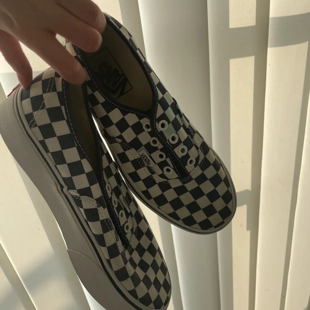 Ett par rutiga vans is stolek 38. De är i bra skick förutom att det finns en grön fläck på skon då det har råkats spilla vatten färg. Rutorna är mörkblåa och skon är plattform.. Kengät.