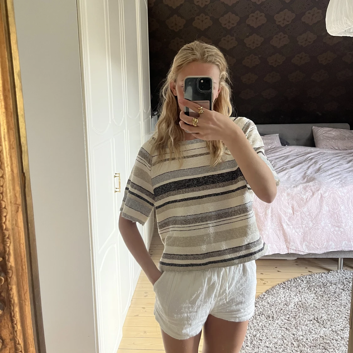 söt randig topp beige brun svart grå - 91