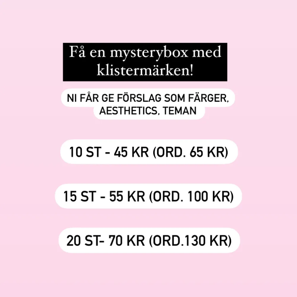 Jag packar en mysterybox med klistermärken åt dig! Du kan ge tips som färg, tema & aesthetics! 💓 Frakten är på 15 kronor! (Kan vara både det förra materialet & det nya vattentåligare materialet) 🩷. Accessoarer.