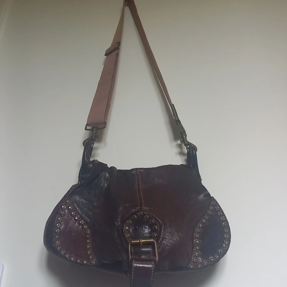 Brown Leather and Studded Crossbody Bag