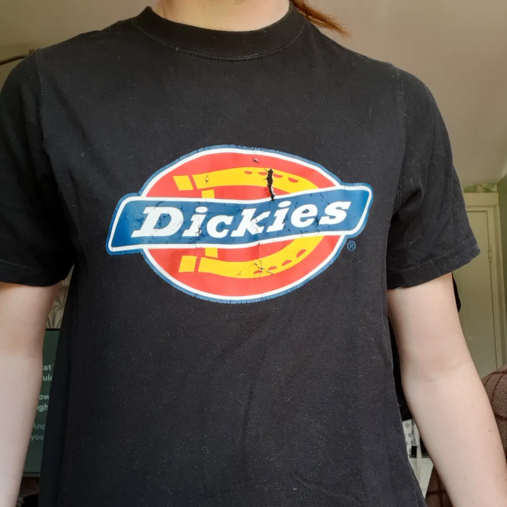 Dickies T-shirt med ganska söndrigt tryck. Köpt här på plick och då var trycket redan lite söndigt. Den är använd av mig en del, men ni har den inte kommit till användning på länge.  Skriv för mer info, proset går att diskutera🤍🌷. T-shirts.