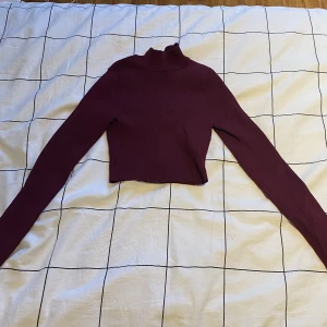 Ribbad polotröja - Säljer en ribbad, vinröd, cropped polotröja i storlek XS.