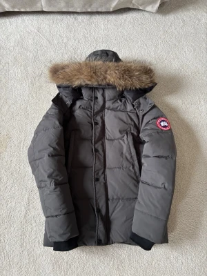 Grå dunjacka från Canada Goose - Säljer en grå dunjacka från Canada Goose med avtagbar huva och äkta pälsdetalj. Jackan har en klassisk patch på ärmen, dragkedja och knappar framtill samt ribbade muddar vid ärmsluten. Perfekt för kalla vinterdagar.