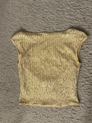 Glitter topp med öppen rygg - Säljer denna glittriga topp täckt med paljetter och med en djup, öppen rygg. Toppen har korta ärmar och är figurnära i modellen. Perfekt för dig som vill sticka ut och glänsa.