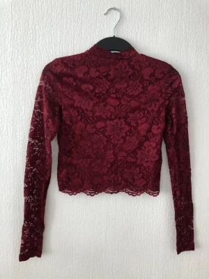 Vinröd spetsblus med lång ärm - Vinröd blus i genombruten spets med blommigt mönster och lång ärm. Croppad modell med hög hals och fina vågiga kanter nertill. Perfekt för dig som vill ha en trendig och elegant topp med det lilla extra. Storlek XXS. Nyskick men saknar prislapp. 