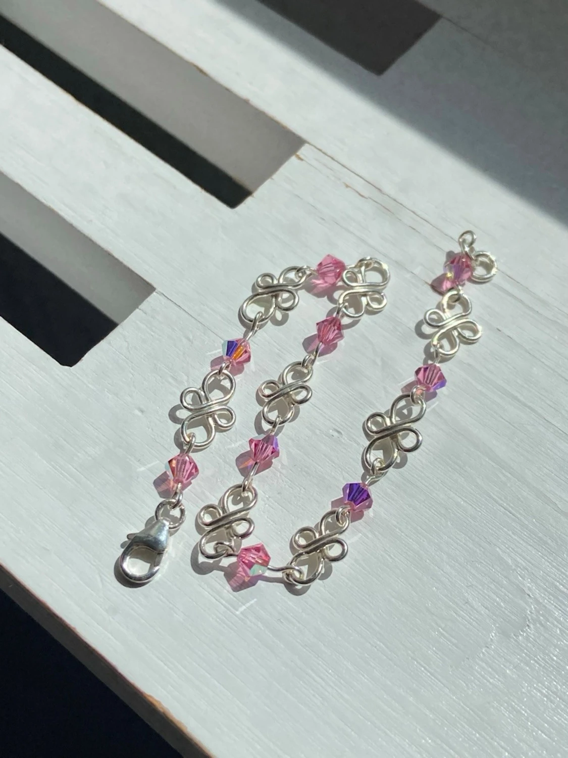 Handgjort 925 silver armband med rosa pärlor  - 1