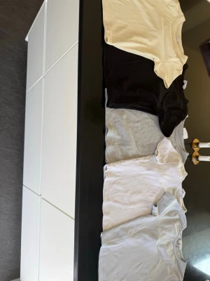 Fyra basic t-shirts i olika färger - Säljer ett paket med fyra basic t-shirts fr Gina Tricot . Alla har rund halsringning och korta ärmar. Perfekta att matcha till olika outfits och tillverkade i mjukt bomullsmaterial.