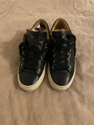 Svarta skinnsneakers från Wingfield Black.  - Svarta sneakers i äkta skinn från Wingfield Black Leather med gulddetaljer och svart snörning. Skorna har låg profil, vit sula och beige insida. Klassisk och stilren design med diskret logga på plösen. Perfekta för dig som gillar minimalistisk och trendig stil.