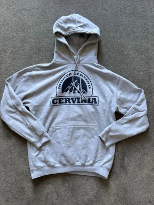 Grå hoodie Monte Cervino cervinia  - Grå hoodie med svart tryck framtill där det står 'Monte Cervino Cervinia' och en bergsillustration. Klassisk modell med huva, dragsko och stor magficka. Mjuk bomullsblandning och ribbade muddar vid ärmslut och nederkant. Perfekt för chill dagar. Daily wear.(pris kan diskuteras) (liten i storlek)