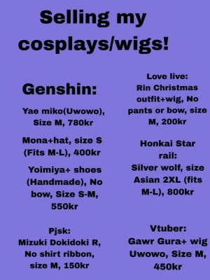 SELLING COSPLAYS/WIGS (3 slides) - Hello! I need to clean out my wardrobe. So I will sell these cosplays and mabye more. I can discuss the price as long as it's not too far from its current price. I accept trading my cosplays depending on your offer. Feel free to ask questions! I need these cosplays gone asap. 