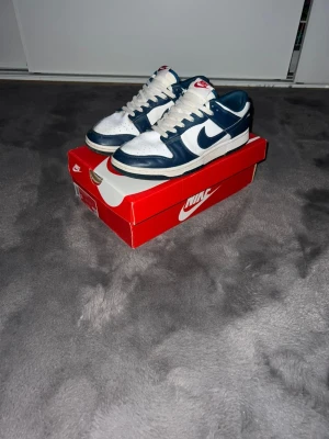 Nike Dunk Low blå och vita sneakers - Nike Dunk Low sneakers i blått och vitt läder med klassisk Swoosh på sidan. Skorna har vita skosnören, perforerad tåbox och röd Nike-logga på plösen. Snygg retrostil med låg profil och bekväm passform.