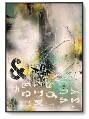 Abstrakt tavla blandteknik "And" - Säljer en abstrakt tavla med graffiti-inspirerat motiv i svart, vitt, grönt och gult. Tavlan har olika bokstäver, siffror och en stor &-symbol. Bakgrunden är dimmig och färgerna smälter ihop på ett coolt sätt. Perfekt för dig som gillar modern konst och vill ha något unikt på väggen. Dukpannå. (Ram ingår ej) Konstnär:Malin Wiberg Näslund/Artbymawi 
