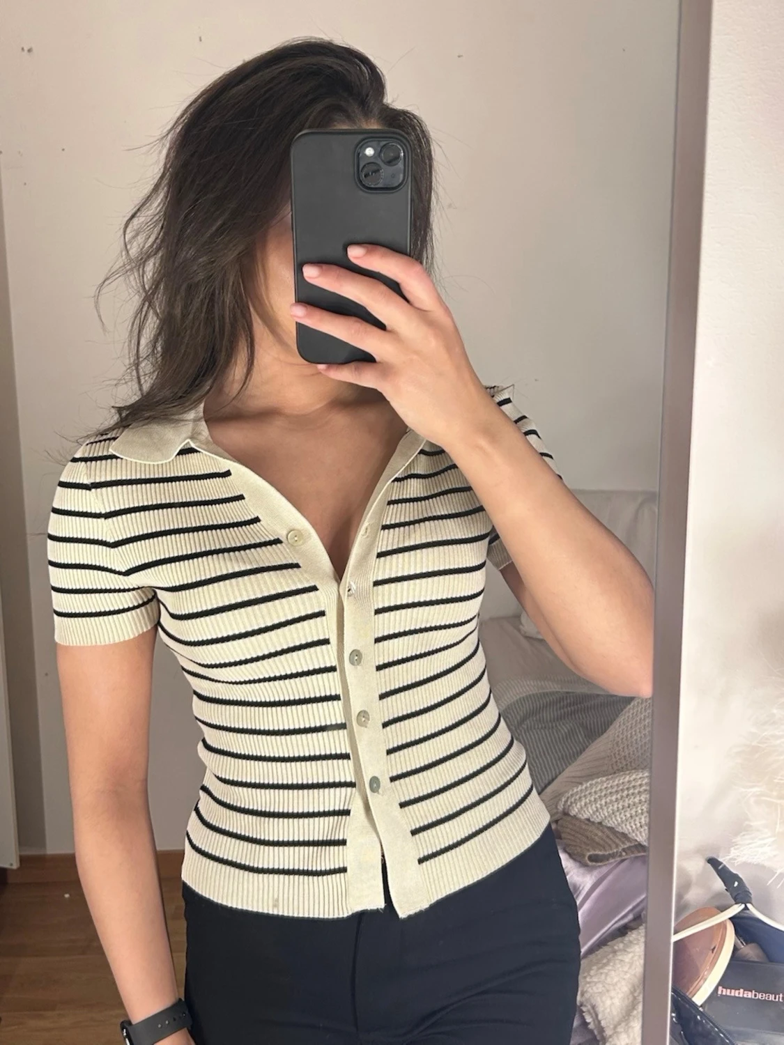 Randig ribbad kortärmad topp - 1