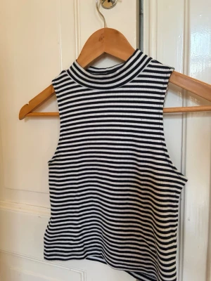 Randig croppad linnetopp - Säljer en snygg croppad linnetopp med svartvita ränder och hög hals. Toppen är ärmlös och har en slim passform som framhäver figuren. Perfekt att matcha med jeans eller kjol för en cool look.