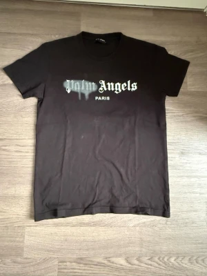 Svart Palm Angels t-shirt - Snygg svart t-shirt från Palm Angels med ikoniskt tryck i vitt och grått på bröstet där det står 'Palm Angels Paris'. Klassisk passform och rund halsringning. Perfekt för dig som gillar streetwear och vill ha något stilrent men ändå med edge.