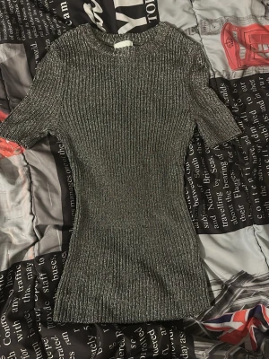 Glittrig silver topp med ribbad struktur - Snygg glittrig topp i silver med ribbad struktur och korta ärmar. Figurnära modell som ger en trendig look, perfekt för att sticka ut. Materialet är stretchigt och skimrar i ljuset. Rund halsringning och något längre passform.