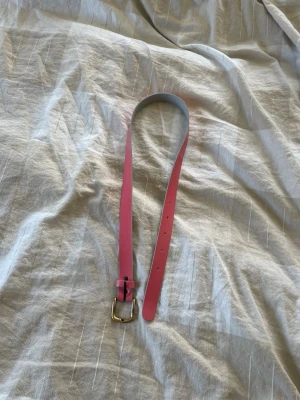 Rosa bälte med guldfärgat spänne - Snyggt rosa bälte i slät design med ett stilrent guldfärgat spänne. Bältet har flera hål för justerbar passform och är tillverkat i syntetmaterial.