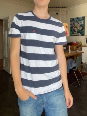 Vintage randig Abercrombie&fitch t-shirt - A&F T-shirt. Inga defekter. Modellen är 180cm 65kg och bär storlek m.  Fråga gärna frågor! (Kan gå ner mer i pris vid köp av bundels🤩)