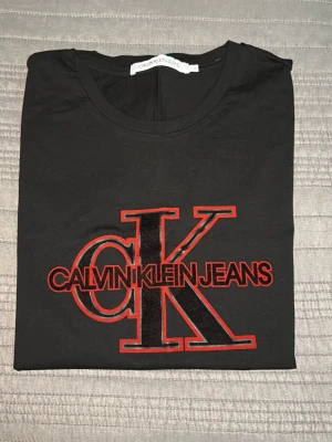 Svart Calvin Klein Jeans t-shirt - Snygg svart t-shirt från Calvin Klein Jeans med stort CK-logotyp och röd text på bröstet. Klassisk rund hals och korta ärmar. Perfekt till jeans eller shorts för en clean och modern look.