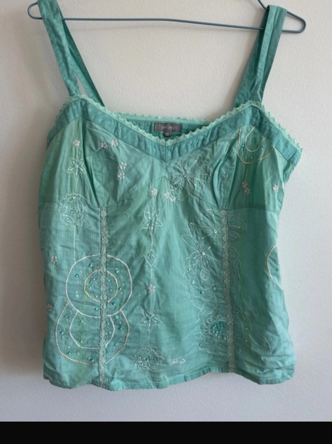 Vintage Mintgrön broderad linnetopp