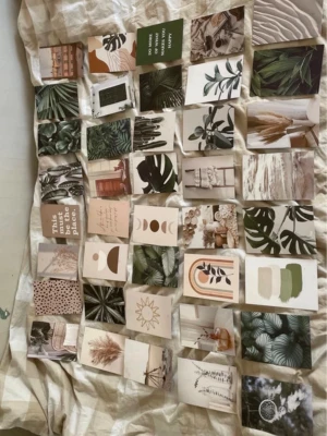 Estetiska collagekort växt & beige 40-pack - Säljer ett set med estetiska collagekort i två färgteman: grönt/växtmotiv och beige/neutral. Korten har motiv av blad, växter, citat, abstrakt konst och inredningsdetaljer. Perfekta för att dekorera väggar, skapa moodboards eller pyssel. Materialet är papper/kartong.