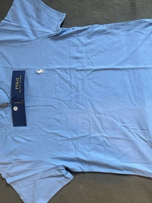 Ljusblå t-shirt från Polo Ralph Lauren - Snygg ljusblå t-shirt från Polo Ralph Lauren med klassisk vit logga broderad på bröstet. T-shirten har rund halsringning och korta ärmar. Tillverkad i mjuk bomull för en skön känsla och perfekt passform.