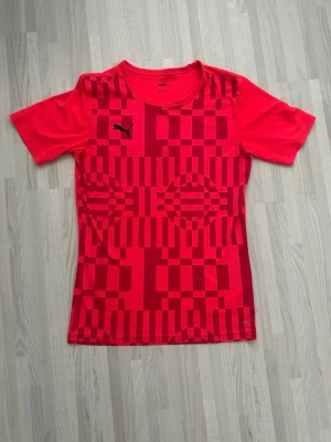 Puma red t-shirt - Snygg röd sporttröja från Puma med grafiskt mönster i olika röda nyanser och svart Puma-logga på bröstet. Tröjan har rund halsringning och korta ärmar, perfekt för träning eller match. Tillverkad i ett lätt och snabbtorkande material.