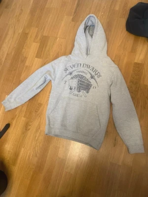 Grå Seven Dwarfs hoodie - Säljer en grå hoodie från Disney med tryck av 'Seven Dwarfs Mining Crew' och en gruvvagn på bröstet. Hoodien har huva och magficka, samt ribbade muddar vid ärmslut och nederkant. Perfekt för dig som gillar Disney och vill ha en chill stil.