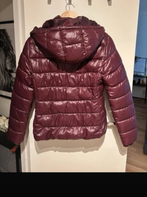 Vinröd pufferjacka med huva - Snygg vinröd pufferjacka med huva och dragkedja framtill. Jackan har två praktiska fickor med dragkedja och quiltad design som ger en modern look. Perfekt för kalla dagar när du vill hålla värmen och ändå se stilren ut.