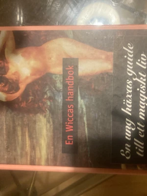 En Wiccas handbok - En bok med titeln 'En Wiccas handbok: En ung häxas guide till ett magiskt liv'. Omslaget är rosa med konstnärlig illustration av en naken kvinna. Boken är inbunden och texten på baksidan beskriver innehåll om magi, ritualer och wicca för unga häxor.