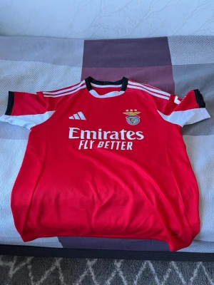 Benfica röd matchtröja Adidas - Säljer en röd Benfica matchtröja från Adidas med vita och svarta detaljer. Tröjan har klubbmärke och sponsortryck på bröstet samt klassiska Adidas-ränder på axlarna. Perfekt för fotbollsträning eller att bära på matchdag. Helt ny, pris kan diskuteras 