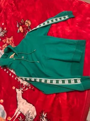 Grön hoodie från DG med logoband - Snygg grön hoodie från BG med huva och dragsko. Ärmarna har vita band med BG-logga längs hela sidan. Stor känguruficka framtill och ribbade muddar. Perfekt för en avslappnad streetstyle-look.