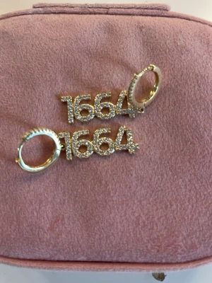 1664 örhången ioaku - Unika örhängen i guldton med siffrorna 1664, täckta av små gnistrande stenar. Hängande modell med rundad ögla och blingig känsla. Perfekta för dig som vill sticka ut med ett statement-smycke.