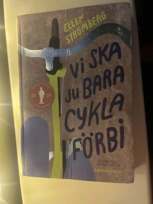 Vi ska ju bara cykla förbi - Ungdomsroman av Ellen Strömberg med färgstarkt omslag i blått, grönt och beige. Boken handlar om vänskap, identitet och att växa upp i en småstad. Inbunden med tryckt framsida och baksida. Augustprisnominerad och utgiven av Rabén & Sjögren.