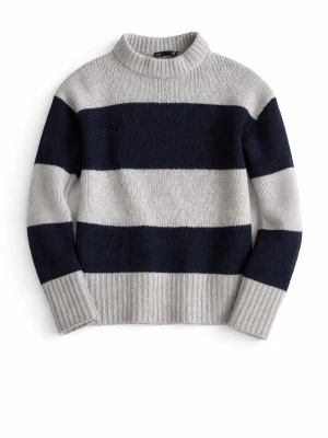 Randig stickad tröja från 157 - Säljer en snygg stickad tröja från märket 157 med breda svarta och ljusgrå ränder. Tröjan har hög krage, långa ärmar och ribbstickade muddar. Perfekt för dig som gillar klassisk och avslappnad stil.