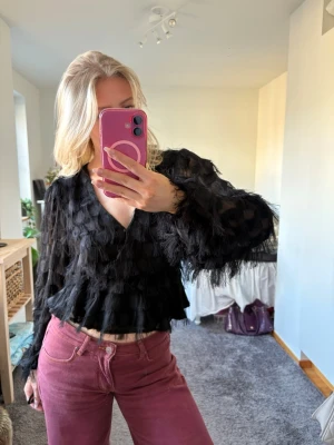 Svart transparent blus med fransar - Säljer en svart transparent blus med v-ringning och långa ärmar. Blusen har fransiga detaljer och ett lätt rutigt mönster i tyget som ger en cool struktur. Croppad passform och luftig känsla, perfekt för dig som vill sticka ut.