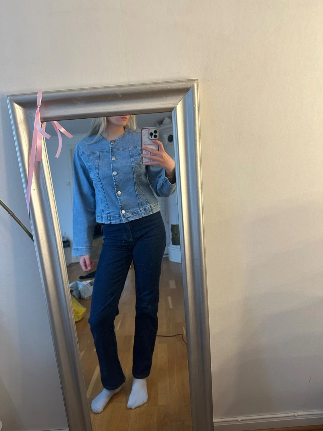 Ljusblå cropped jeansjacka - 1