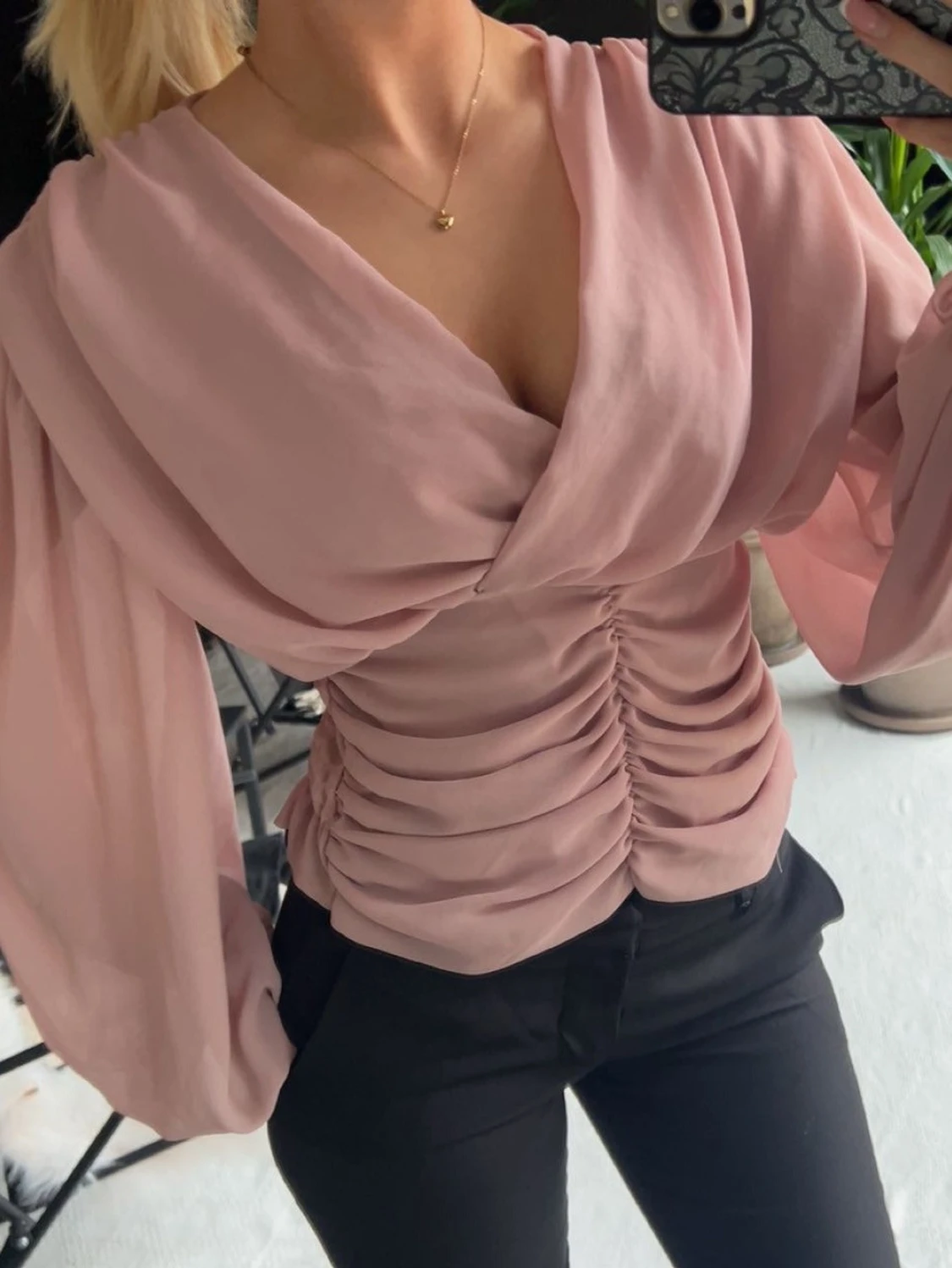 Rosa omlottblus med puffärmar - 2