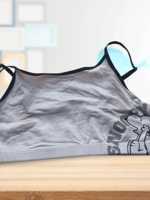 Grå Snoopy topp med svarta kanter XS - Grå bralette/bh-topp med svarta kanter och justerbara axelband. Tryck med Snoopy-figur på framsidan. Tillverkad i mjuk bomullsblandning för extra komfort. Perfekt för dig som gillar en enkel och lekfull stil. OBS storlek XS, en av bilderna visar felaktigt M. Varan är oanvänd och kommer från ett konkurslager från 2000-talet. I många fall är orginallappen kvar (se bild). Har fler annonser och bra bundlerabatt vid köp av flera.