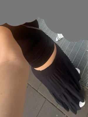 Svart långkjol - En svart långkjol med bred resår i midjan och lätt utställd passform. Kjolen är enkel och stilren, perfekt att matcha med crop tops eller sneakers för en avslappnad look. Materialet känns mjukt och flowy.