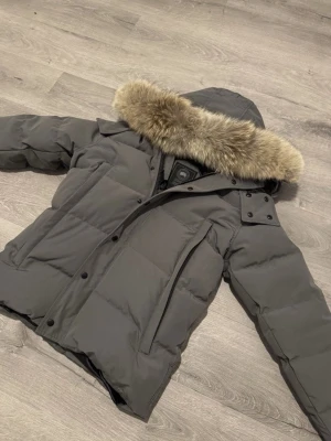 Grå dunjacka med päls från Canada Goose - Snygg grå dunjacka från Canada Goose med stor huva och avtagbar pälsdetalj. Jackan har långa ärmar, dragkedja och knappar framtill samt två stora fickor. Perfekt för kalla vinterdagar och riktigt varm.