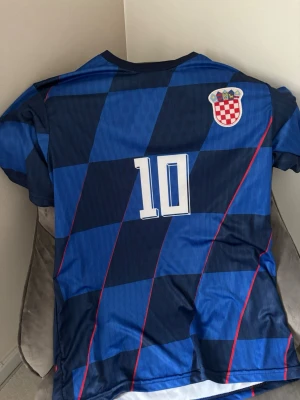 Kroatien Modric matchtröja - Snygg blå matchtröja från Kroatiens landslag med rutigt mönster i mörkblått och blått, röda detaljer och nummer 10. På ryggen står det 'Modric' och tröjan har landslagets emblem på bröstet. 