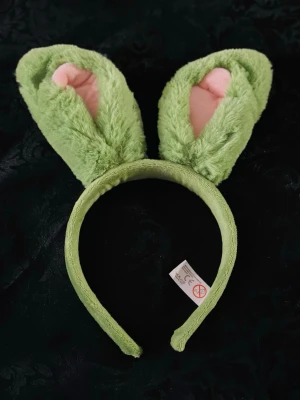Grönt hårband med kaninöron - Säljer ett fluffigt hårband från Lobory med stora, mjuka kaninöron i ljusgrönt och rosa. Perfekt accessoar för att ge din look en lekfull touch. Hårbandet är täckt av mjuk plysch och sitter bekvämt på huvudet.