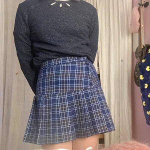 Blå rutig kortkjol med dragkedja - Supersnygg blå kortkjol med vitt rutmönster och dragkedja i sidan. Kjolen har en klassisk A-linjeform och knappar i midjan. Perfekt för att skapa en preppy look.