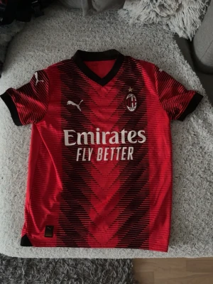 AC Milan matchtröja Puma röd/svart - Snygg AC Milan matchtröja från Puma i rött och svart med klubbmärke och sponsortryck på bröstet. Tröjan har korta ärmar, V-ringning och detaljerade mönster. Materialet är lätt och andas, perfekt för fotboll eller träning.